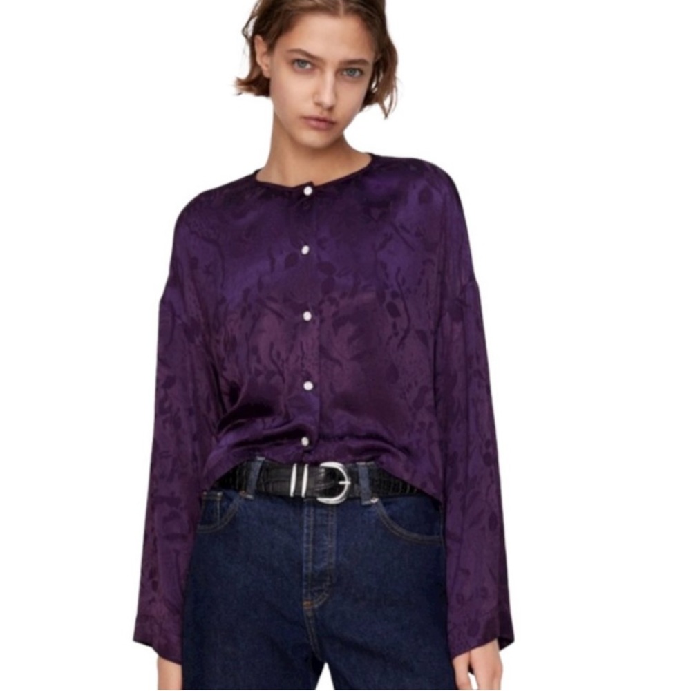 Zara Royal Purple Satin Jacquard Blouse